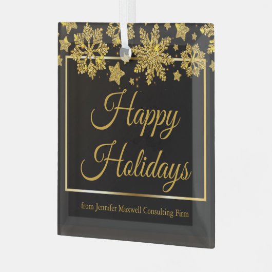 カスタムクリスマス企業のブラック金ゴールドスノーフレーク ガラスオーナメント (正面左)