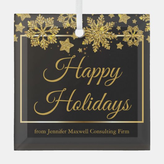 カスタムクリスマス企業のブラック金ゴールドスノーフレーク ガラスオーナメント (正面)