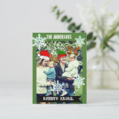 カスタムクリスマス写真の雪とクリスマス帽子 ポストカード (スタンド正面)