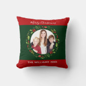 カスタムクリスマス写真フローラリースグリーンレッド クッション (正面)