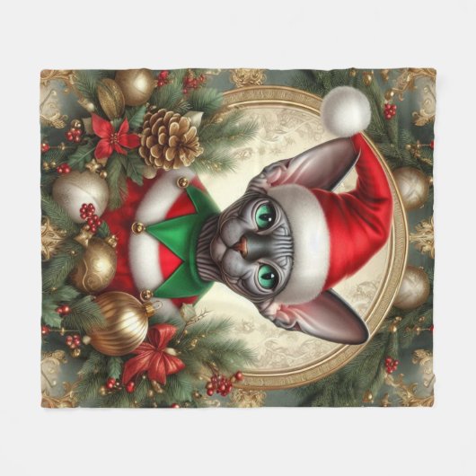 カスタムクリスマス小妖精や小人スフィンクス猫ギフトクリスマス フリースブランケット (正面(横))