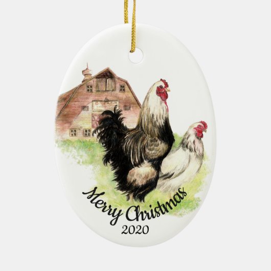 カスタムクリスマス水彩鶏の鳥の日付付き セラミックオーナメント (裏面)