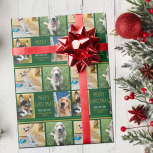 カスタムクリスマス犬フォトコラージグリーンペットオーナー ラッピングペーパー