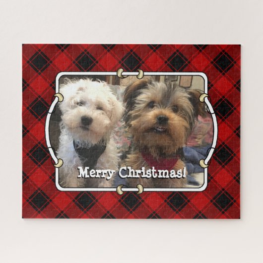 カスタムクリスマス赤と黒の格子模様のフォトフレーム ジグソーパズル (横)