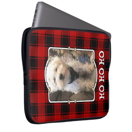 カスタムクリスマス赤と黒の格子模様のフォトフレーム ラップトップスリーブ (正面右)