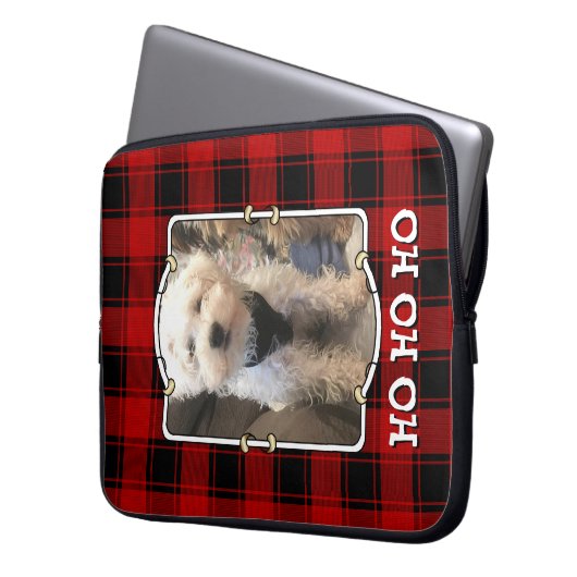 カスタムクリスマス赤と黒の格子模様のフォトフレーム ラップトップスリーブ (正面左)