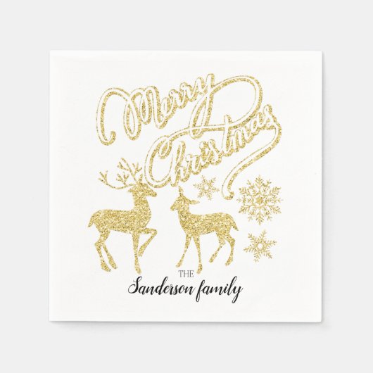 カスタムクリスマス金ゴールドグリッタークリスマス鹿金ゴールド スタンダードカクテルナプキン (正面)
