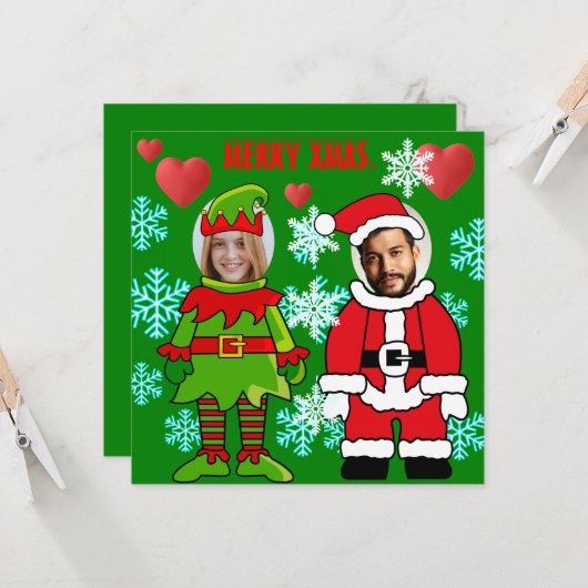 カスタムクリスマス顔がサンタと小妖精や小人を切り抜いた カード (正面/裏面インサイチュ)