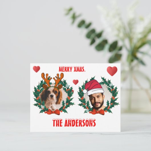 カスタムクリスマス顔はトナカイとサンタを切り取った ポストカード (スタンド正面)
