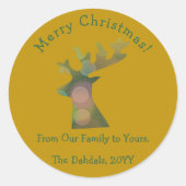 カスタムクリスマス《写真》ぼけ味トナカイ頭グリーン&金ゴールド ラウンドシール (正面)