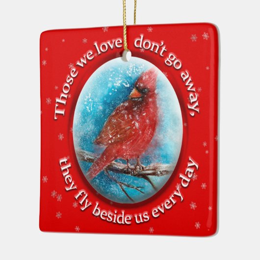 カスタムクリスマス(鳥)ショウジョウコウカンチョウスノーフレークスオンレッド セラミックオーナメント (左)