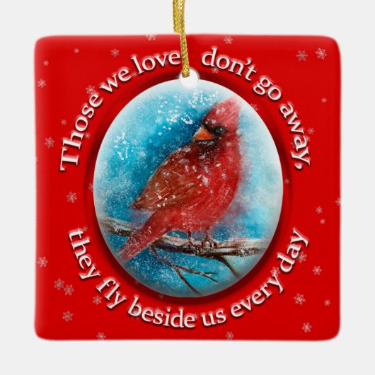 カスタムクリスマス(鳥)ショウジョウコウカンチョウスノーフレークスオンレッド セラミックオーナメント (正面)