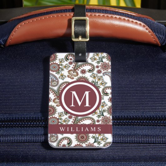 カスタムクリームホワイトレッドマルーンペイズリーパターン ラゲッジタグ (正面インサイチュ2)
