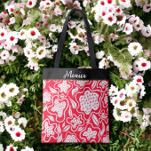 カスタムクロスステッチルックレッドホワイトフローラデザイン トートバッグ