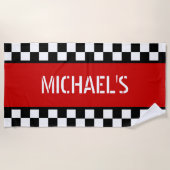 カスタムクール白黒市松模様にフラグを赤に設定 ビーチタオル (正面)