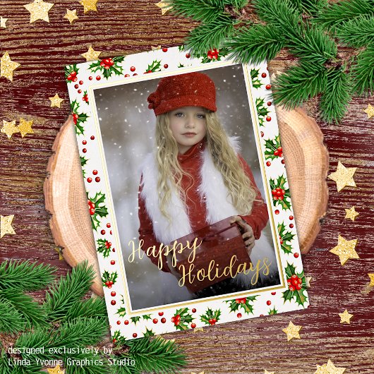 カスタムグクラシックリーホリーレッドベリー金ゴールド 箔シーズンポストカード