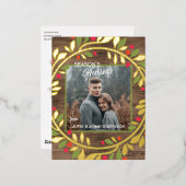 カスタムグクラシックリーンホリー赤い果実の葉 箔シーズンポストカード (正面/裏面)