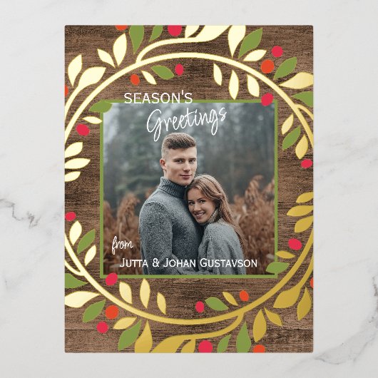 カスタムグクラシックリーンホリー赤い果実の葉 箔シーズンポストカード (正面)