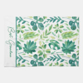 カスタムグランマトロピカルモンステラリーフグリーンティール（緑がかった色） キッチンタオル (横)