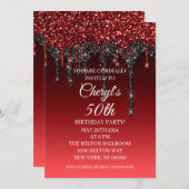 カスタムグリッターブルゴーニュブラックハッピーバースデー 招待状 (正面/裏面)