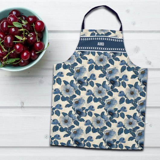 カスタムグリッターブルーフローラ日本の金ゴールド浮世絵 エプロン
