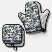 カスタムグリッターブルーフローラ日本の金ゴールド浮世絵 鍋つかみ&鍋敷きセット (正面/裏面)