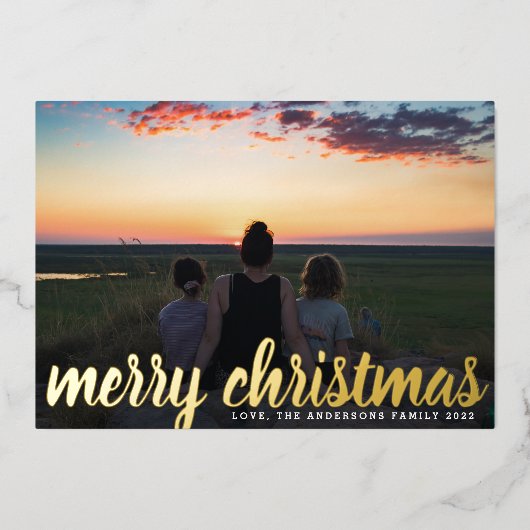 カスタムグリーティング金ゴールドメリークリスマスファミリー写真 箔シーズンカード (正面)