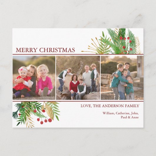 カスタムグリーティング3フォトメリークリスマスホリデー シーズンポストカード (正面)