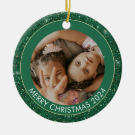 カスタムグリーングリッターメリークリスマス セラミックオーナメント