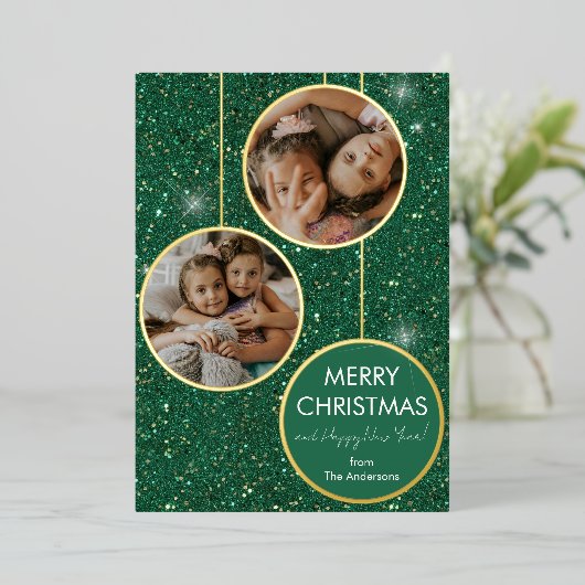 カスタムグリーングリッターメリークリスマス 箔シーズンカード (立ち正面)