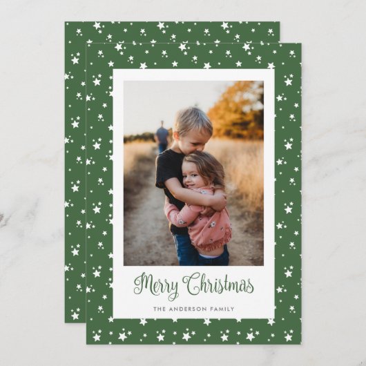 カスタムグリーンスターズ写真楽しいクリスマスカード シーズンカード (正面/裏面)