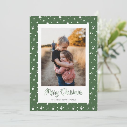 カスタムグリーンスターズ写真楽しいクリスマスカード シーズンカード (スタンド正面)
