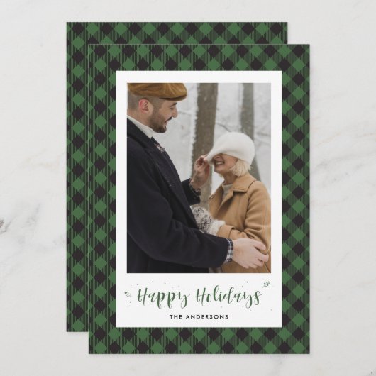 カスタムグリーンバッファロープレイド写真ホリデーカード シーズンカード (正面/裏面)