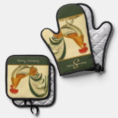 カスタムグリーンファームハウスヴィンテージルースターモノグラム 鍋つかみ&鍋敷きセット (正面/裏面)