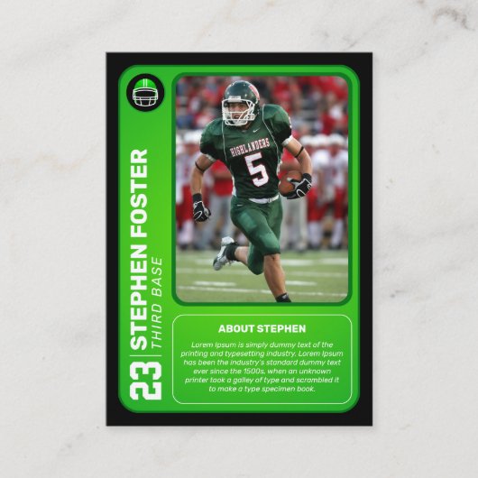 カスタムグリーンフットボールトレーディングカード写真統計 コーリングカード (正面)