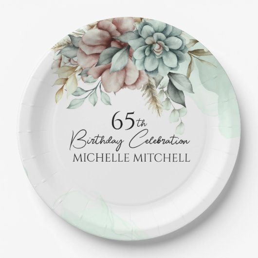 カスタムグリーンフローラヴィンテージ65誕生日 ペーパープレート (正面)