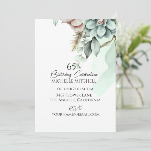 カスタムグリーンフローラヴィンテージ65誕生日 招待状 (スタンド正面)