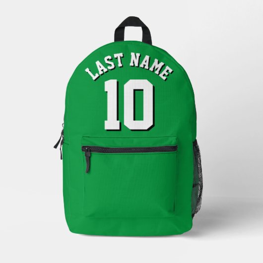 カスタムグリーンホワイト姓スポーツジャージー番号 プリントバックパック (正面)