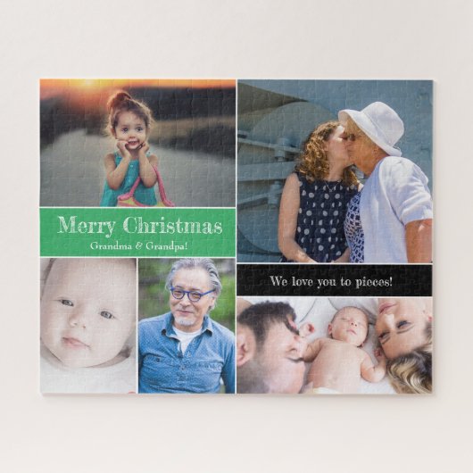 カスタムグリーンメリークリスマスおばあちゃんとおじいちゃん ジグソーパズル (横)