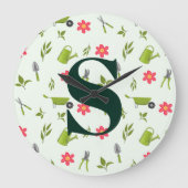 カスタムグリーンモノグラムガーデニング ラージ壁時計 (正面)