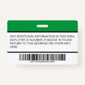 カスタムグリーン従業員フォトバーコード – ロゴ – 名前 バッジ (裏面)