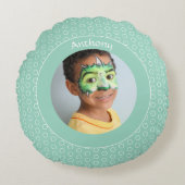 カスタムグリーン水玉模様フォトフレーム ラウンドクッション (正面)