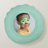 カスタムグリーン水玉模様フォトフレーム ラウンドクッション (裏面)