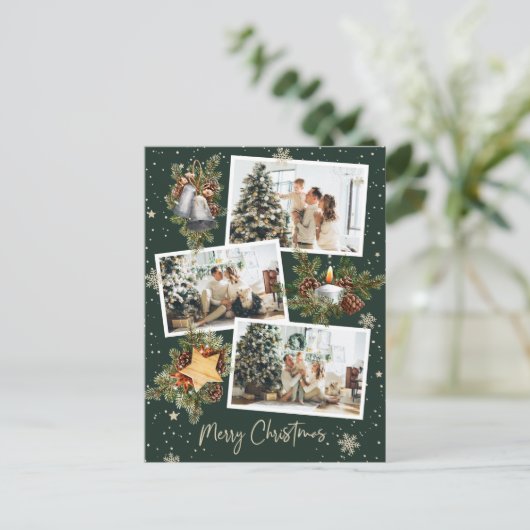 カスタムグリーン3枚写真コラージュ クリスマスおめでとう ポストカード (スタンド正面)
