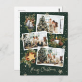 カスタムグリーン3枚写真コラージュ クリスマスおめでとう ポストカード (正面/裏面)
