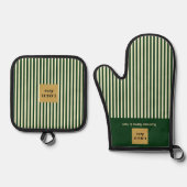 カスタムグリーン&クリームストライプ 鍋つかみ&鍋敷きセット (正面)