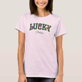 カスタムグリーン「LUCKY」カラフルなシャムロック付き Tシャツ