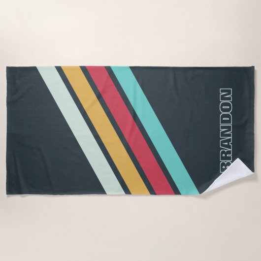 カスタムグレイターコイズコーラルレッドイエローストライプアート ビーチタオル (正面)