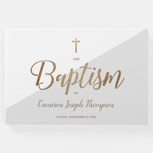 カスタムグレーエレガント金ゴールドクロスベビーバプテスマ ゲストブック (正面)