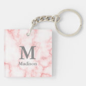 カスタムグレーモノグラムと名前オンピンク大理石ルック キーホルダー (裏面)